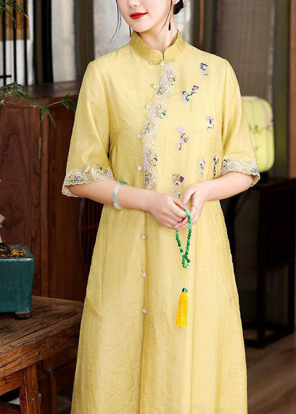 Simple Yellow Embroideried Patchwork Button Silk Dress Summer LY1685