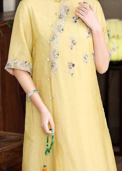 Simple Yellow Embroideried Patchwork Button Silk Dress Summer LY1685