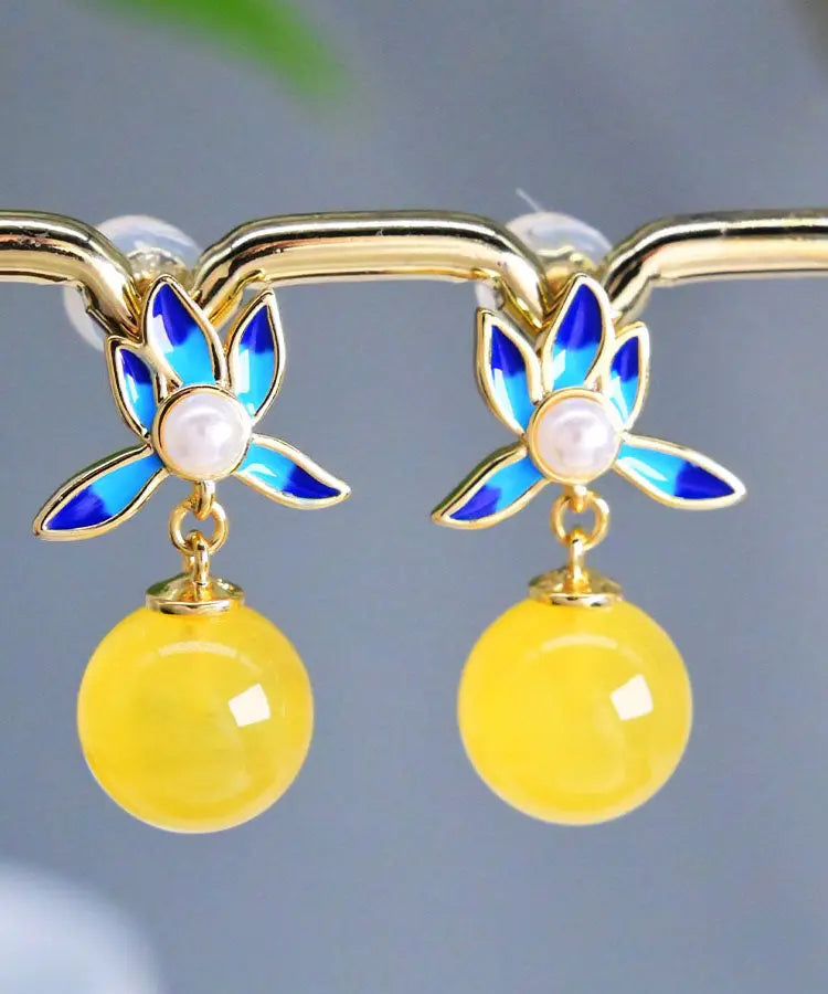 Simple Yellow Sterling Silver Pearl Amber Beeswax Drop Earrings Ada Fashion