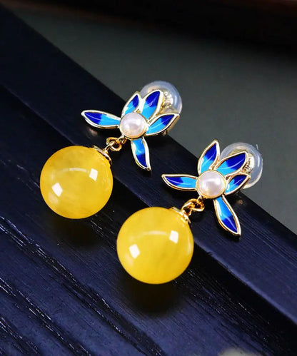 Simple Yellow Sterling Silver Pearl Amber Beeswax Drop Earrings Ada Fashion