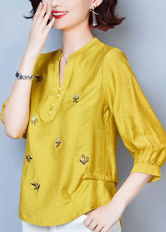 Simple Yellow V Neck Embroideried Patchwork Cotton Tops Summer LY1471