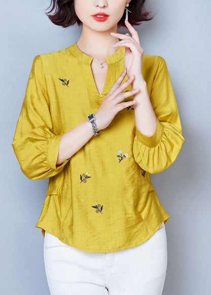 Simple Yellow V Neck Embroideried Patchwork Cotton Tops Summer LY1471