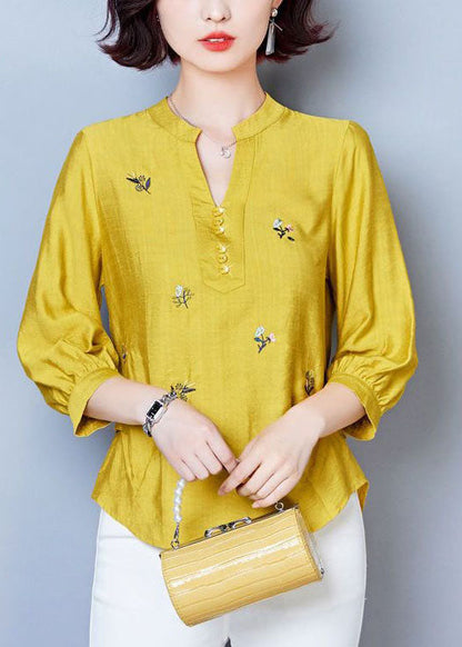 Simple Yellow V Neck Embroideried Patchwork Cotton Tops Summer LY1471