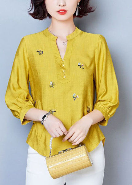 Haut d'été jaune simple à col en V en coton patchwork brodé LY1471