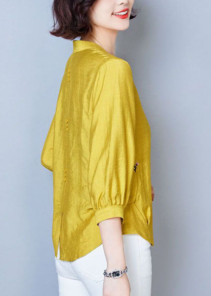 Haut d'été jaune simple à col en V en coton patchwork brodé LY1471