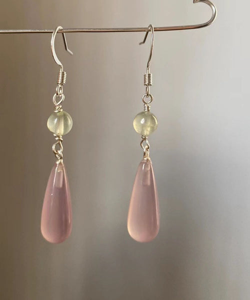 Skinny Pink Sterling Silver Drip Chalcedony Jade Drop Earrings TW1031