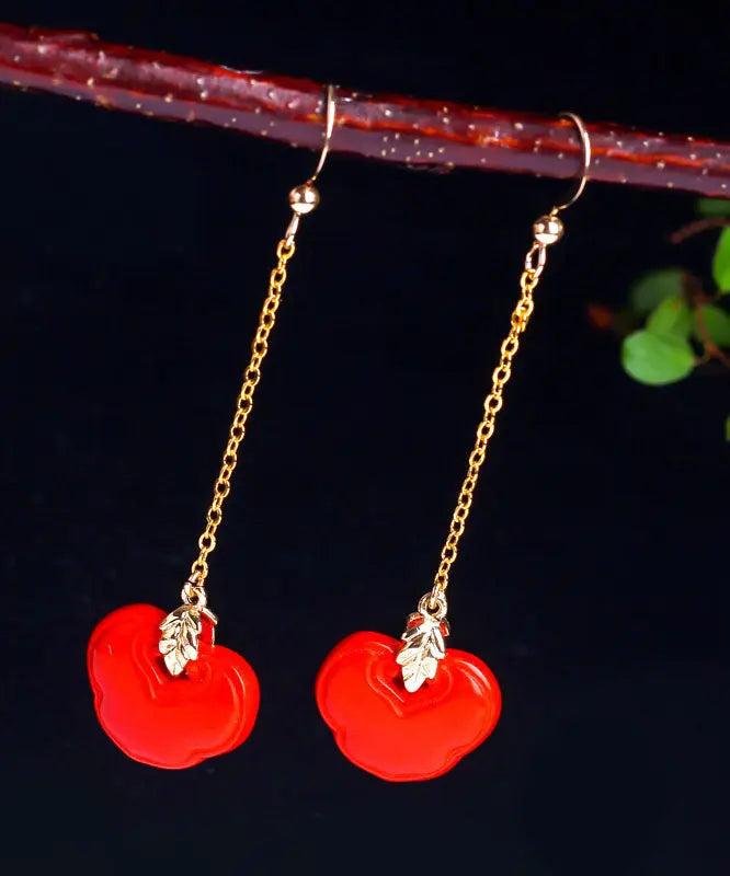 Skinny Red Sterling Silver Overgild Cinnabar Ruyi Drop Earrings Ada Fashion