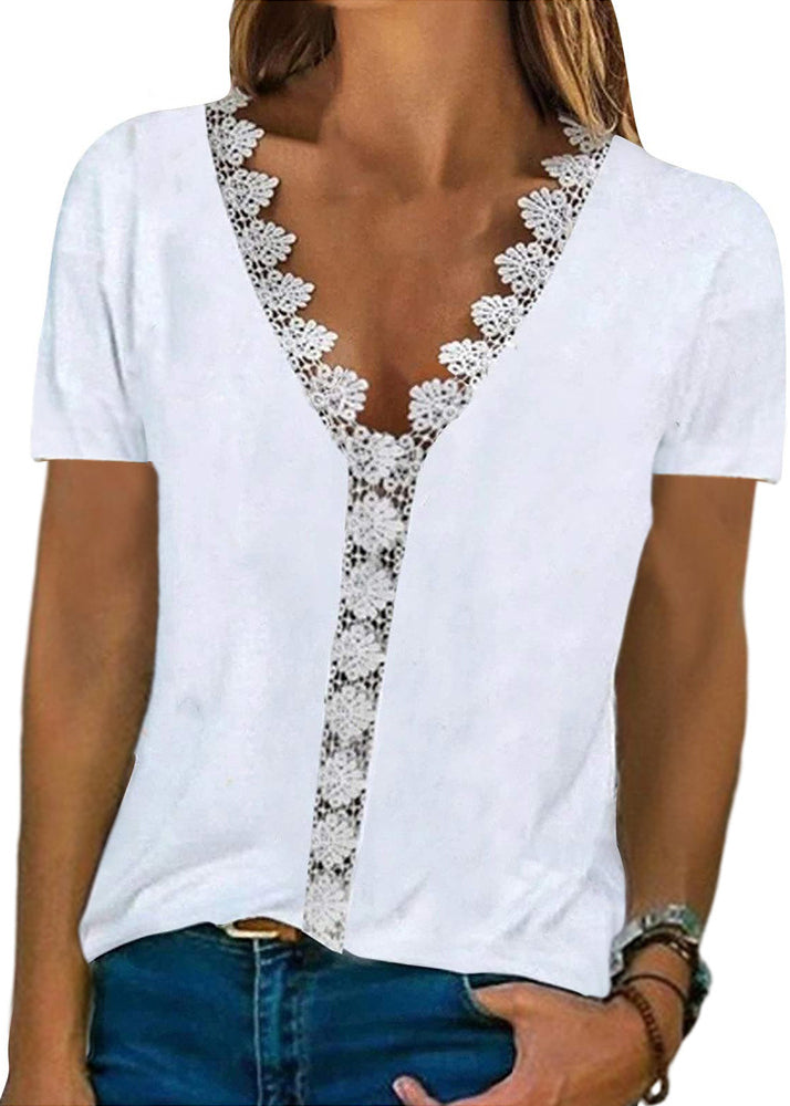 Sleeve Comfortable Casual Lace V-Neck Print T Shirt Women White LY1947