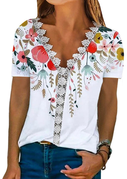 Sleeve Comfortable Casual Lace V-Neck Print T Shirt Women White LY1947