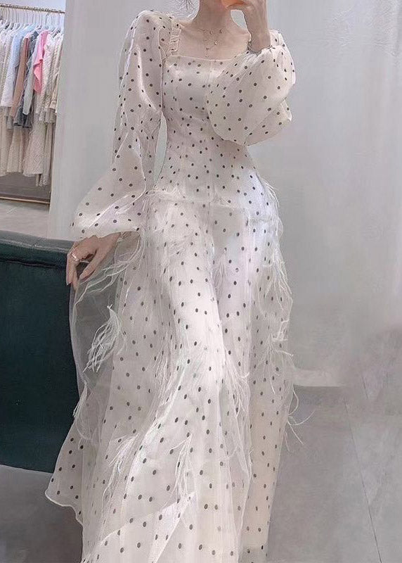 Slim Fit Beige Square Collar Dot Tulle Long Dresses Spring TI1006