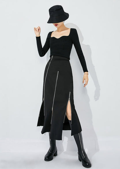 Slim Fit Black High Waist Zippered Side Open A Line Skirt Summer LY0818