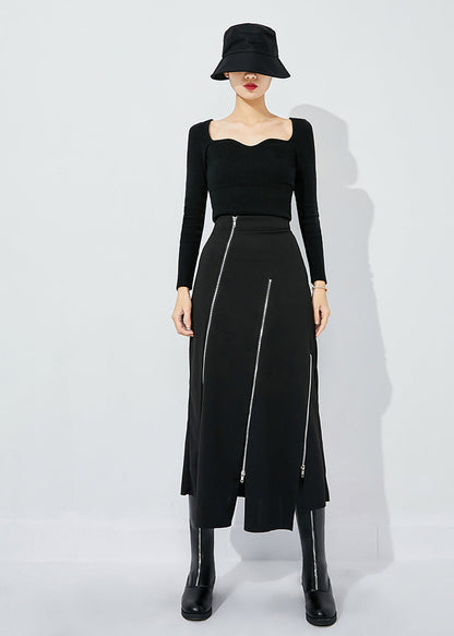 Slim Fit Black High Waist Zippered Side Open A Line Skirt Summer LY0818