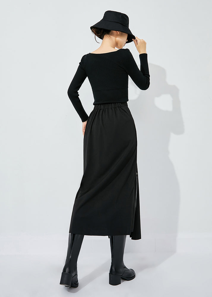 Slim Fit Black High Waist Zippered Side Open A Line Skirt Summer LY0818