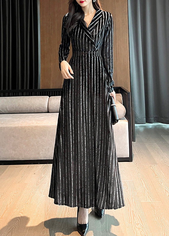 Slim Fit Black Notched Striped Maxi Dresses Long Sleeve LY1717