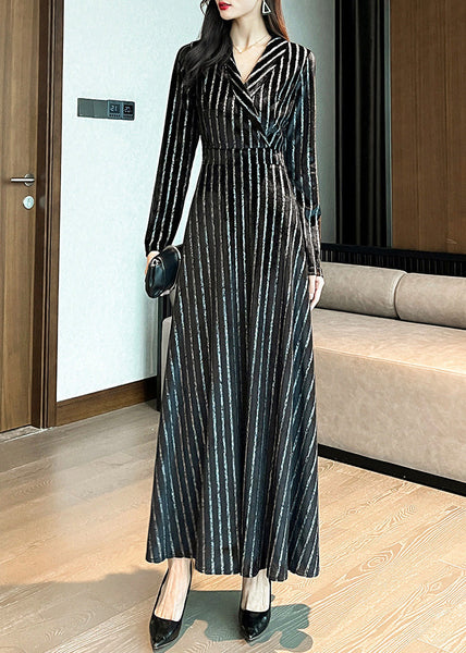 Slim Fit Black Notched Striped Maxi Dresses Long Sleeve LY1717