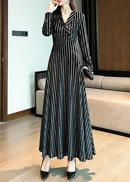 Slim Fit Black Notched Striped Maxi Dresses Long Sleeve LY1717