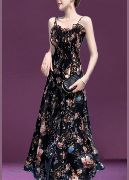 Slim Fit Black Slash Neck Ruffled Print Chiffon Long Slip Dress Summer LC0049