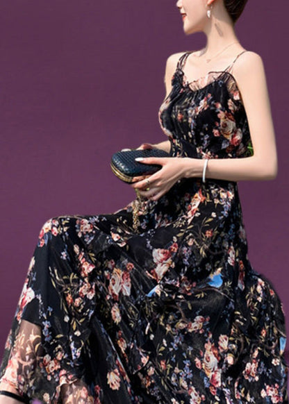 Slim Fit Black Slash Neck Ruffled Print Chiffon Long Slip Dress Summer LC0049