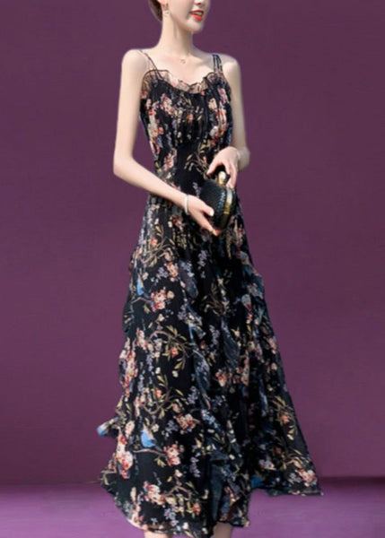 Slim Fit Black Slash Neck Ruffled Print Chiffon Long Slip Dress Summer LC0049