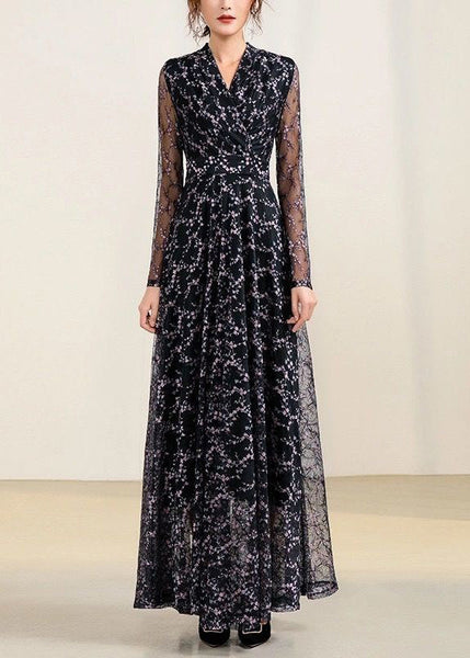 Slim Fit Black V Neck Tulle Patchwork Chiffon Long Dress Spring LY1732