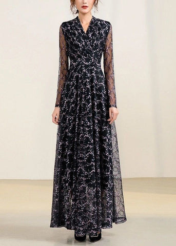 Slim Fit Black V Neck Tulle Patchwork Chiffon Long Dress Spring LY1732