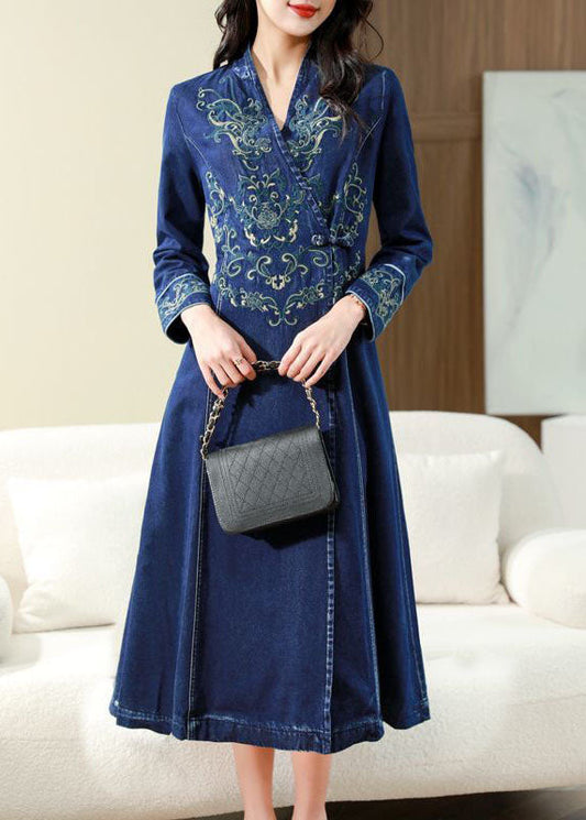 Slim Fit Blue Embroideried Chinese Button Exra Large Hem Denim Dress Spring AC2026