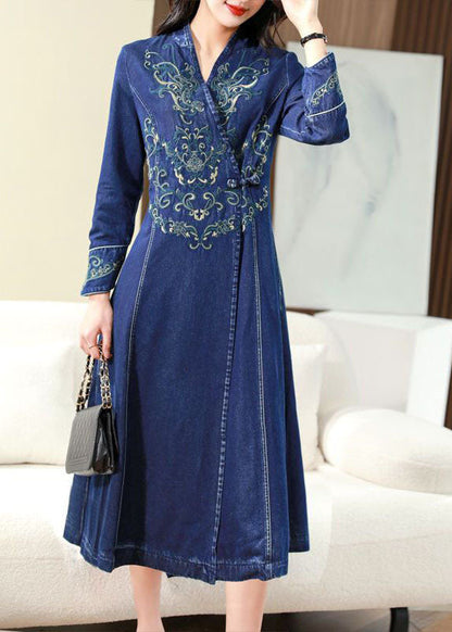 Slim Fit Blue Embroideried Chinese Button Exra Large Hem Denim Dress Spring AC2026