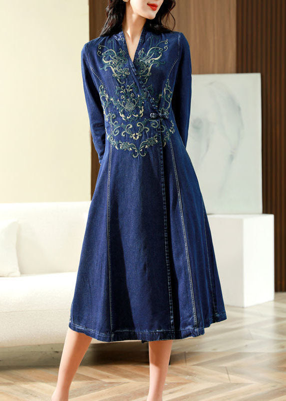 Slim Fit Blue Embroideried Chinese Button Exra Large Hem Denim Dress Spring AC2026