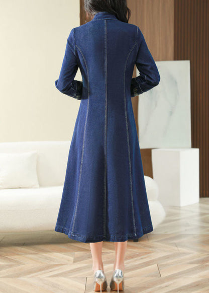 Slim Fit Blue Embroideried Chinese Button Exra Large Hem Denim Dress Spring AC2026