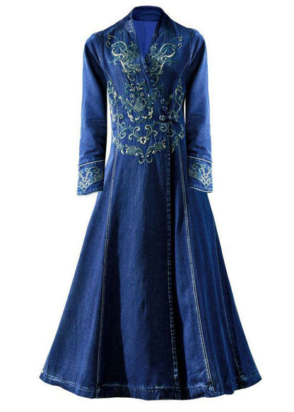 Slim Fit Blue Embroideried Chinese Button Exra Large Hem Denim Dress Spring AC2026