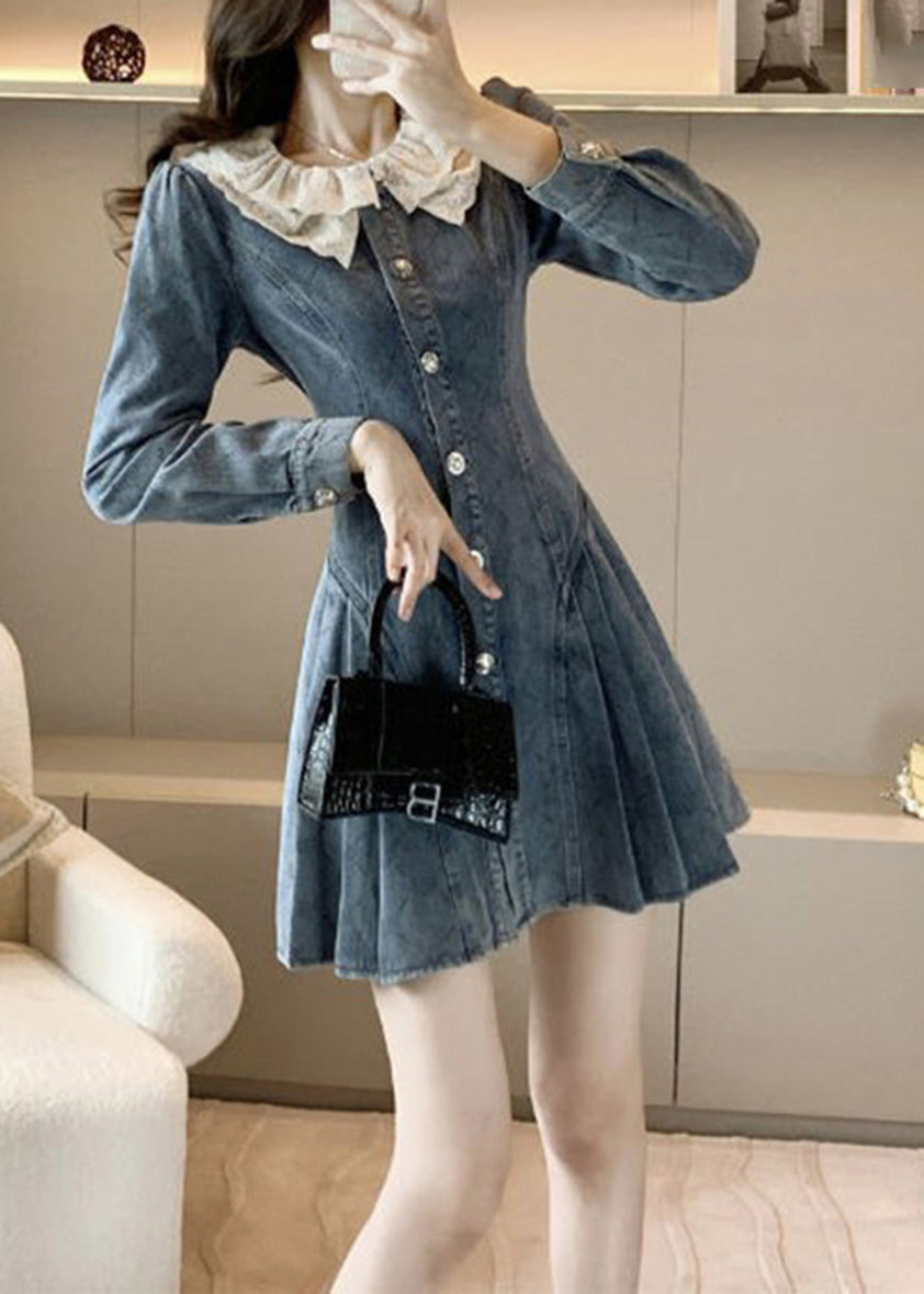 Slim Fit Blue O-Neck Lace Patchwork Button Denim Mid Dress Long Sleeve TY1088