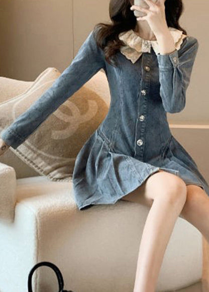 Slim Fit Blue O-Neck Lace Patchwork Button Denim Mid Dress Long Sleeve TY1088