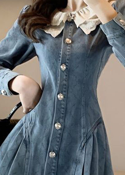 Slim Fit Blue O-Neck Lace Patchwork Button Denim Mid Dress Long Sleeve TY1088