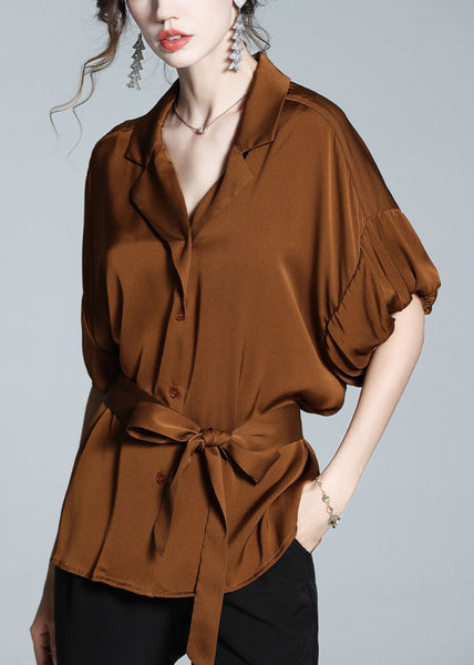 Slim Fit Coffee Notched Tie Waist Button Silk Shirt Short Sleeve LY1053