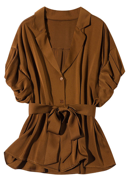 Slim Fit Coffee Notched Tie Waist Button Silk Shirt Short Sleeve LY1053