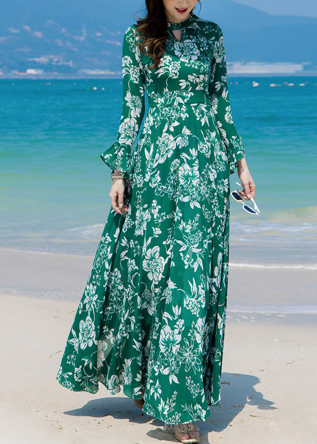 Slim Fit Green Turtleneck Print Chiffon Long Beach A Line Dresses Spring LY1726