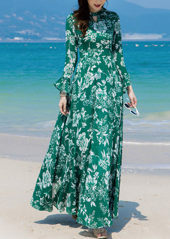 Slim Fit Green Turtleneck Print Chiffon Long Beach A Line Dresses Spring LY1726