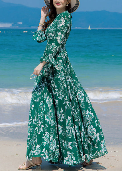 Slim Fit Green Turtleneck Print Chiffon Long Beach A Line Dresses Spring LY1726