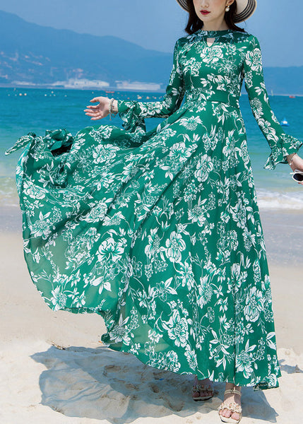 Slim Fit Green Turtleneck Print Chiffon Long Beach A Line Dresses Spring LY1726