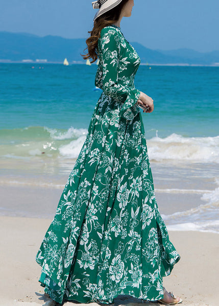 Slim Fit Green Turtleneck Print Chiffon Long Beach A Line Dresses Spring LY1726