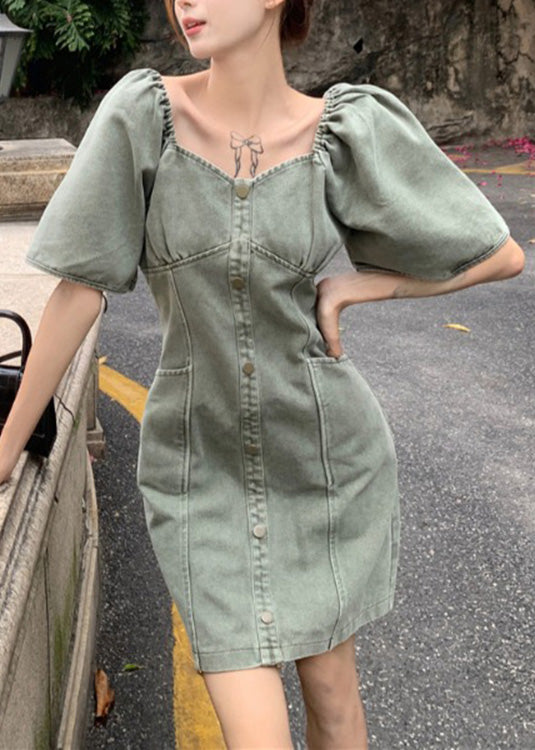 Slim Fit Grey Green Patchwork Button Denim Mid Dress Summer TY1018