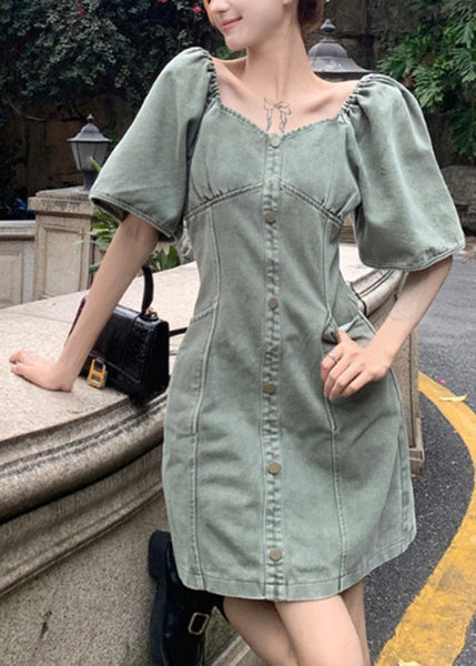Robe mi-longue en jean gris-vert à empiècements et boutons, coupe ajustée, été TY1018