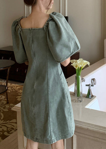 Robe mi-longue en jean gris-vert à empiècements et boutons, coupe ajustée, été TY1018