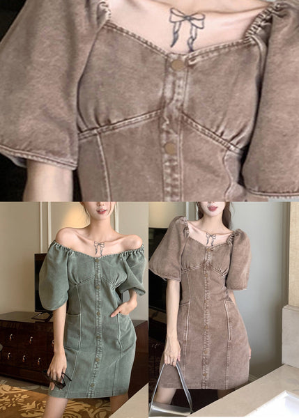 Robe mi-longue en jean gris-vert à empiècements et boutons, coupe ajustée, été TY1018