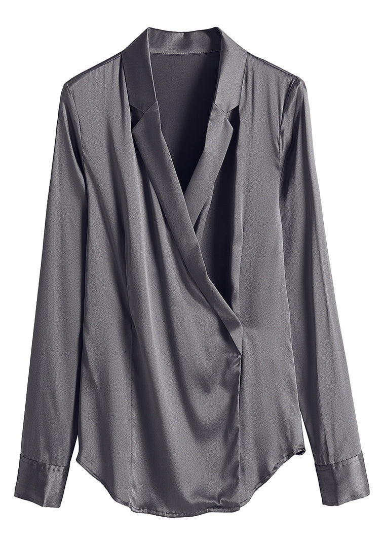 Slim Fit Grey V Neck Button Solid Silk Shirt Long Sleeve LY1009