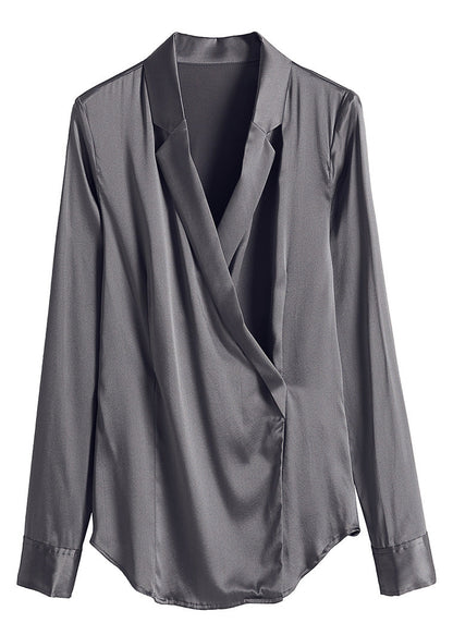 Slim Fit Grey V Neck Button Solid Silk Shirt Long Sleeve LY1009