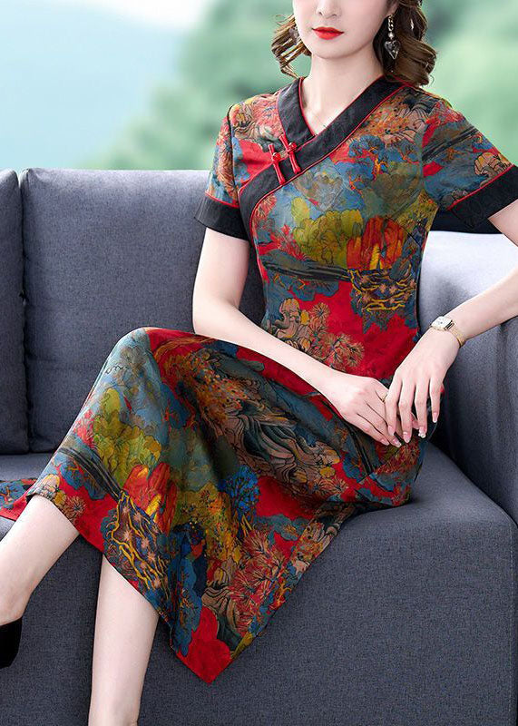 Slim Fit Red V Neck Print Chinese Button Silk Dresses Summer LY1687