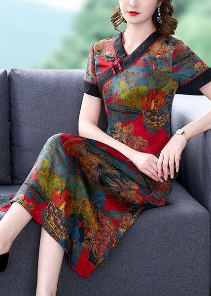 Slim Fit Red V Neck Print Chinese Button Silk Dresses Summer LY1687