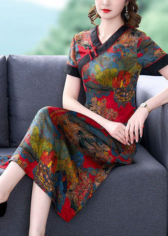 Slim Fit Red V Neck Print Chinese Button Silk Dresses Summer LY1687