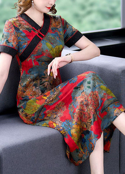 Slim Fit Red V Neck Print Chinese Button Silk Dresses Summer LY1687